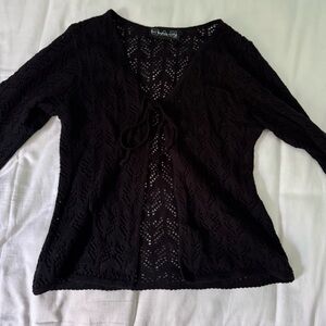Black Tie Front Fitted Long Sleeve Blouse